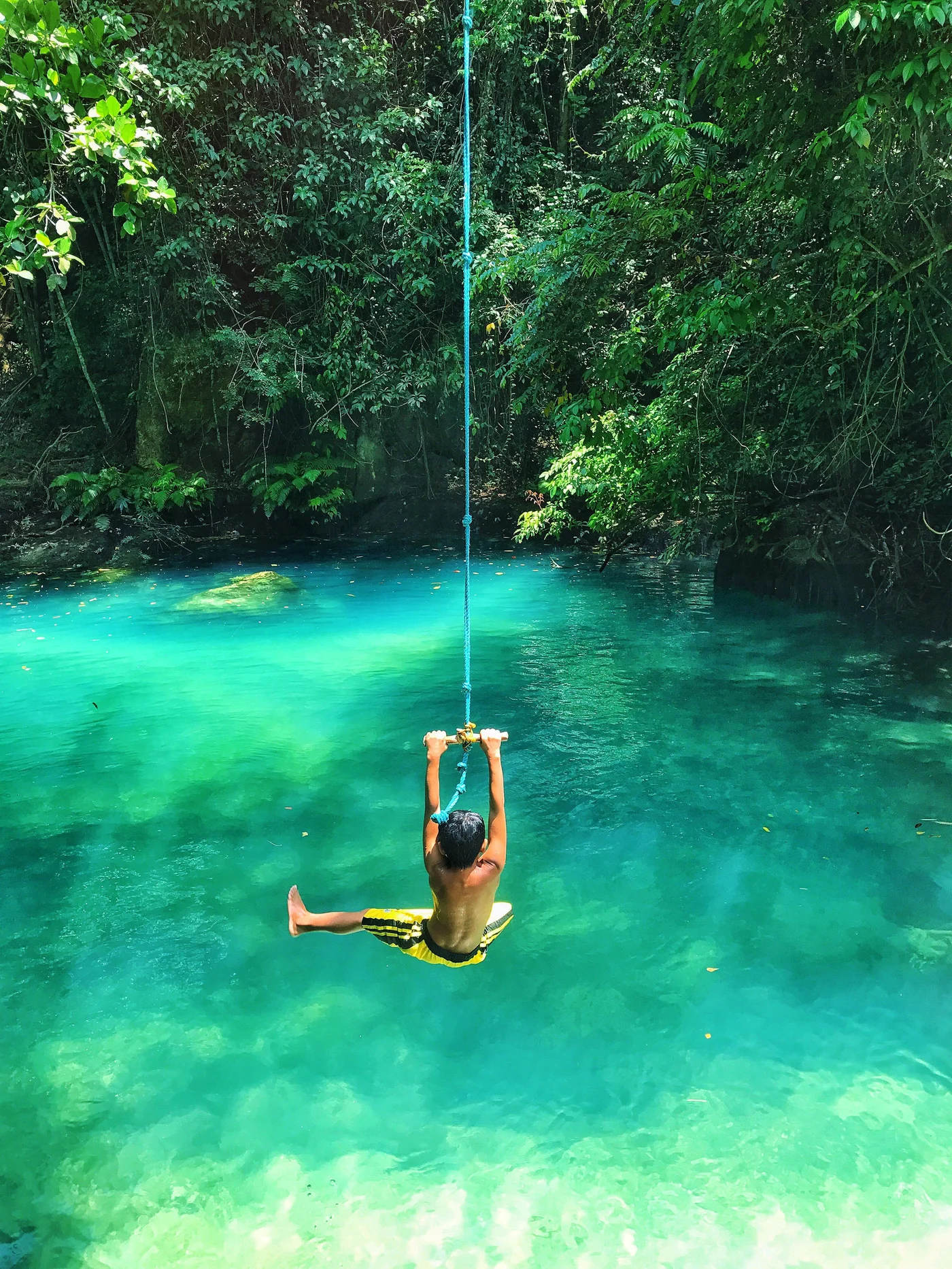 Swing over a turquoise lagoon in the jungle – a symbol of travel and open horizons